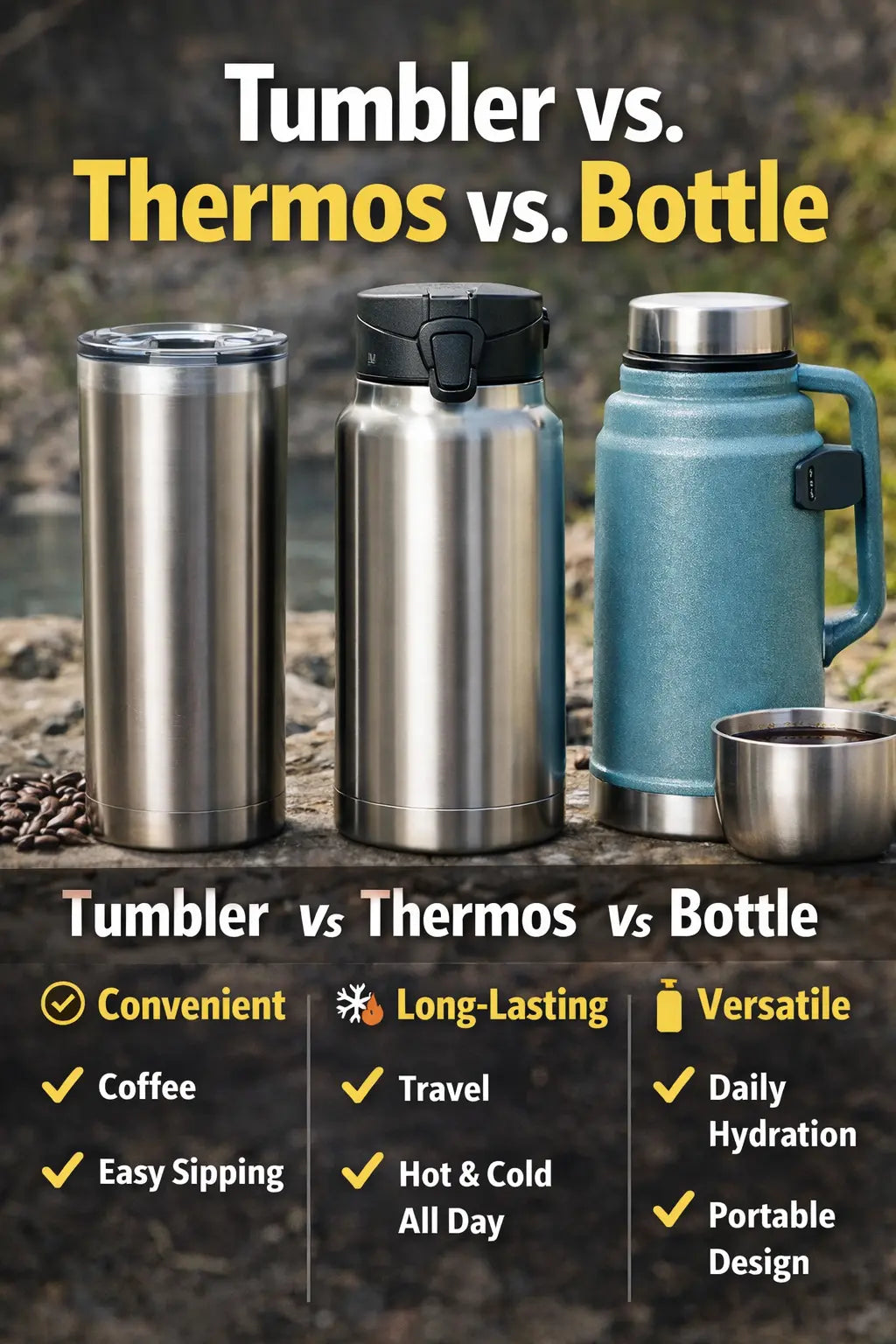 tumbler vs thermos vs water bottle comparison stainless steel drinkware guide