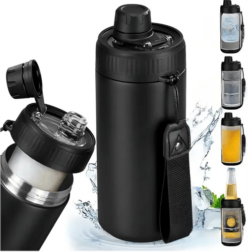 black insulated water bottle large capacity with strap for gym and outdoor use