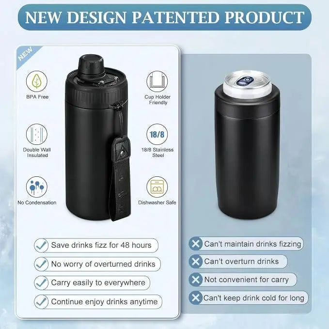 leak proof black insulated water bottle wide mouth lid design