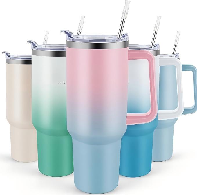 40 oz Tumbler with Handle & Straw Lid – Pink Blue