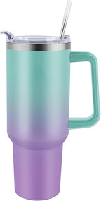 40 oz Tumbler with Handle & Straw Lid – Green Purple